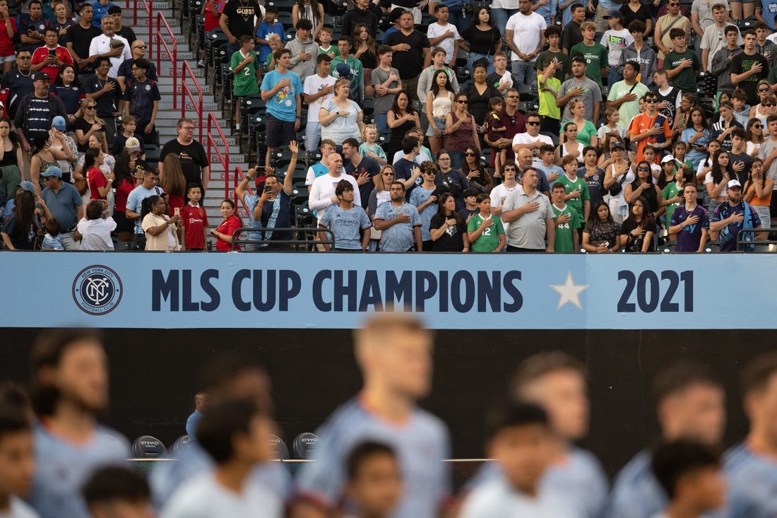 Jul 5, 2023; Queens, New York, USA; Fans stand for the national anthem before a match between New York City FC and Charlotte FC at Citi Field. Mandatory Credit: Mark Smith-USA TODAY Sports