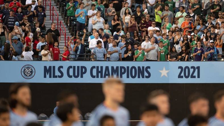 Jul 5, 2023; Queens, New York, USA; Fans stand for the national anthem before a match between New York City FC and Charlotte FC at Citi Field. Mandatory Credit: Mark Smith-USA TODAY Sports