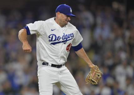 Jul 5, 2023; Los Angeles, California, USA; Los Angeles Dodgers relief pitcher Daniel Hudson (41) reacts after earning his first save of the season in the ninth inning against the Pittsburgh Pirates at Dodger Stadium. Mandatory Credit: Jayne Kamin-Oncea-USA TODAY Sports