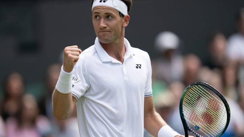 Jul 6, 2023; London, United Kingdom; Casper Ruud (NOR) reacts to a point during his match against Liam Broady (GBR) on day four at the All England Lawn Tennis and Croquet Club.  Mandatory Credit: Susan Mullane-USA TODAY Sports