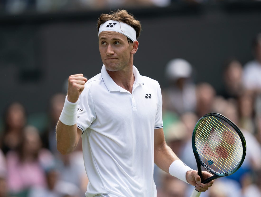 Jul 6, 2023; London, United Kingdom; Casper Ruud (NOR) reacts to a point during his match against Liam Broady (GBR) on day four at the All England Lawn Tennis and Croquet Club.  Mandatory Credit: Susan Mullane-USA TODAY Sports