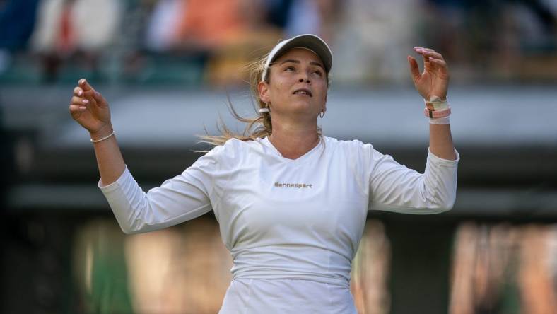 Jul 6, 2023; London, United Kingdom; Donna Vekic (CRO) celebrates winning her match against Sloane Stephens (USA) on day four at the All England Lawn Tennis and Croquet Club.  Mandatory Credit: Susan Mullane-USA TODAY Sports