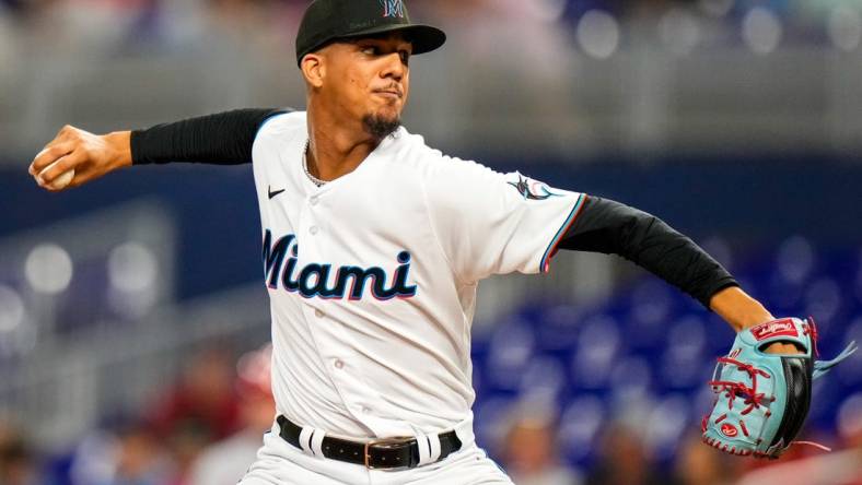 Jul 6, 2023; Miami, Florida, USA; Miami Marlins starting pitcher Eury Perez (39) throws a pitch against the St. Louis Cardinals during the first inning at loanDepot Park. Mandatory Credit: Rich Storry-USA TODAY Sports