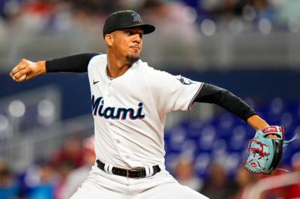 Jul 6, 2023; Miami, Florida, USA; Miami Marlins starting pitcher Eury Perez (39) throws a pitch against the St. Louis Cardinals during the first inning at loanDepot Park. Mandatory Credit: Rich Storry-USA TODAY Sports