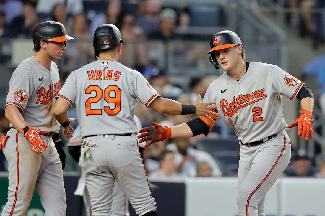 Jul 6, 2023; Bronx, New York, USA; Baltimore Orioles shortstop Gunnar Henderson (2) celebrates his three run home run against the New York Yankees with second baseman Jordan Westburg (11) and third baseman Ramon Urias (29) during the fourth inning at Yankee Stadium. Mandatory Credit: Brad Penner-USA TODAY Sports