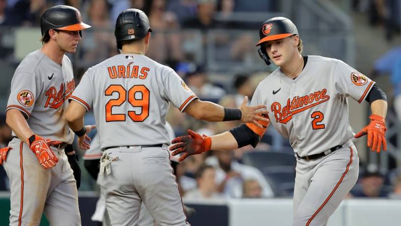 Jul 6, 2023; Bronx, New York, USA; Baltimore Orioles shortstop Gunnar Henderson (2) celebrates his three run home run against the New York Yankees with second baseman Jordan Westburg (11) and third baseman Ramon Urias (29) during the fourth inning at Yankee Stadium. Mandatory Credit: Brad Penner-USA TODAY Sports