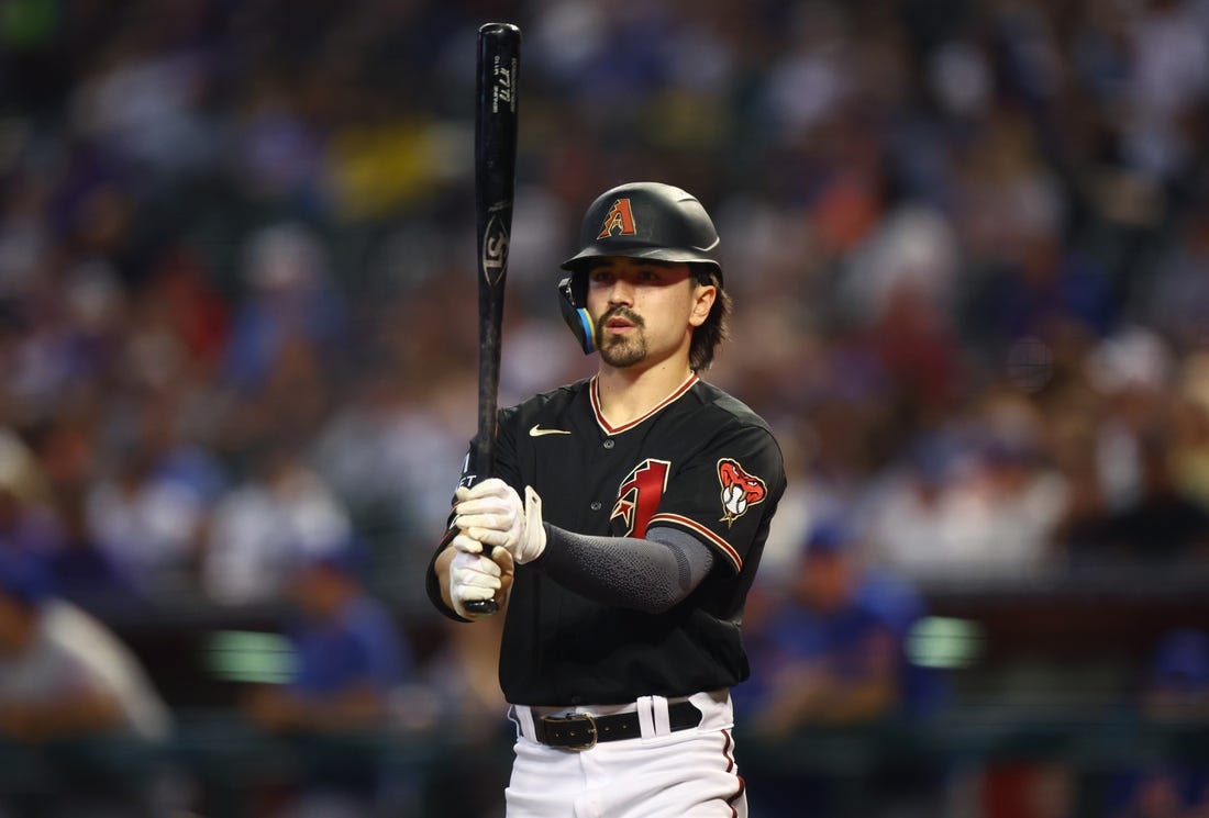 Jul 5, 2023; Phoenix, Arizona, USA; Arizona Diamondbacks outfielder Corbin Carroll against the New York Mets at Chase Field. Mandatory Credit: Mark J. Rebilas-USA TODAY Sports