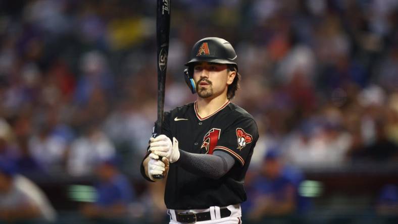 Jul 5, 2023; Phoenix, Arizona, USA; Arizona Diamondbacks outfielder Corbin Carroll against the New York Mets at Chase Field. Mandatory Credit: Mark J. Rebilas-USA TODAY Sports