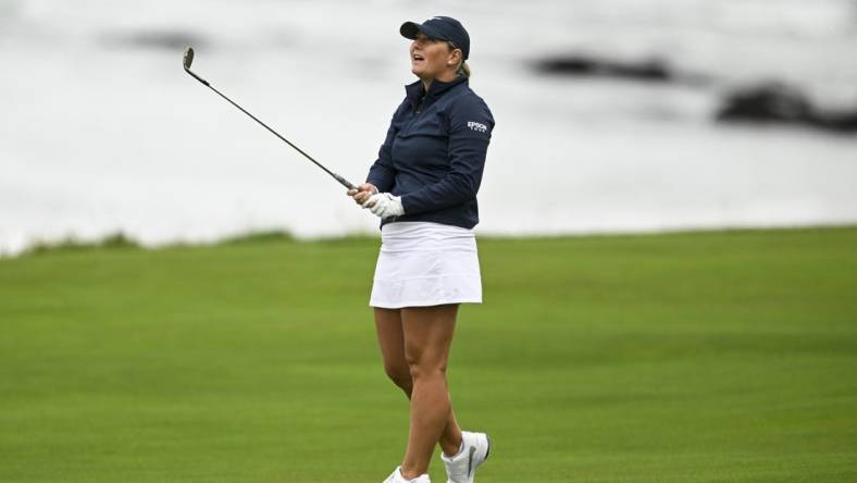 Jul 7, 2023; Pebble Beach, California, USA; Bailey Tardy watches her shot on the tenth hole during the second round of the U.S. Women's Open golf tournament at Pebble Beach Golf Links. Mandatory Credit: Kelvin Kuo-USA TODAY Sports