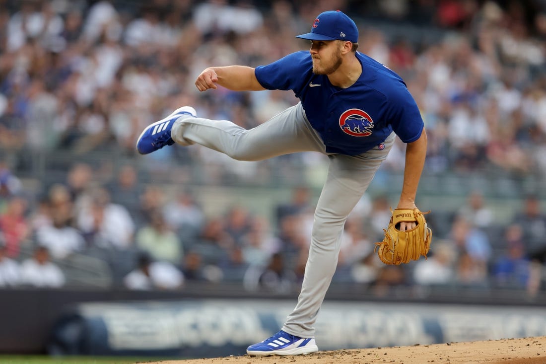 Jul 7, 2023; Bronx, New York, USA; Chicago Cubs starting pitcher Jameson Taillon (50) follows through on a pitch against the New York Yankees during the first inning at Yankee Stadium. Mandatory Credit: Brad Penner-USA TODAY Sports