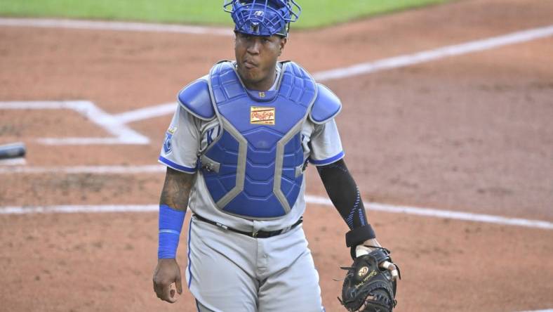 Jul 7, 2023; Cleveland, Ohio, USA; Kansas City Royals catcher Salvador Perez (13) walks on the field in the third inning against the Cleveland Guardians at Progressive Field. Mandatory Credit: David Richard-USA TODAY Sports