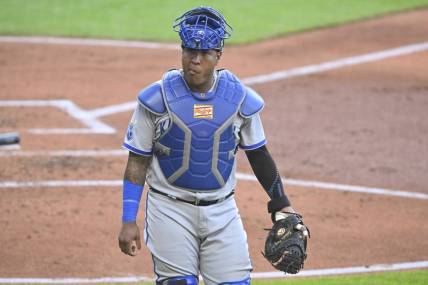 Jul 7, 2023; Cleveland, Ohio, USA; Kansas City Royals catcher Salvador Perez (13) walks on the field in the third inning against the Cleveland Guardians at Progressive Field. Mandatory Credit: David Richard-USA TODAY Sports