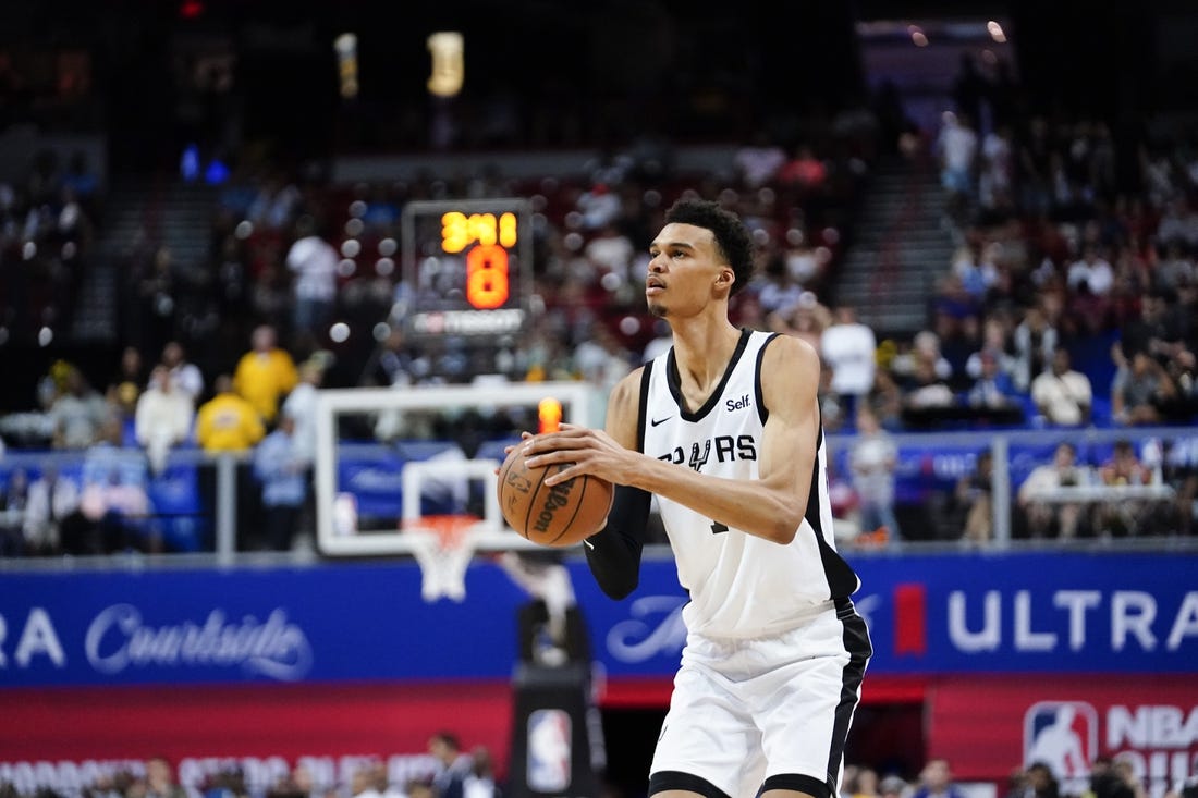 Jul 7, 2023; Las Vegas, NV, USA; San Antonio Spurs forward Victor Wembanyama (1) shoots the ball against the Charlotte Hornets during the second half at Thomas & Mack Center. Mandatory Credit: Lucas Peltier-USA TODAY Sports