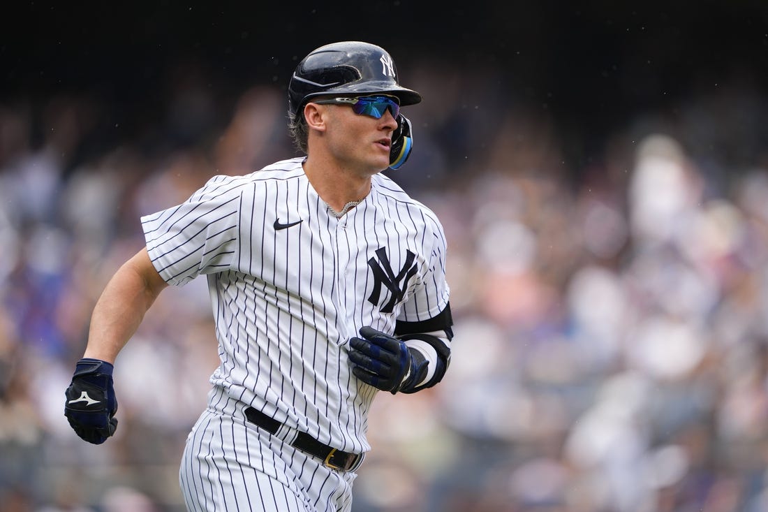 Jul 8, 2023; Bronx, New York, USA; New York Yankees third baseman Josh Donaldson (28) rounds the bases after hitting a home run against the Chicago Cubs during the second inning at Yankee Stadium. Mandatory Credit: Gregory Fisher-USA TODAY Sports