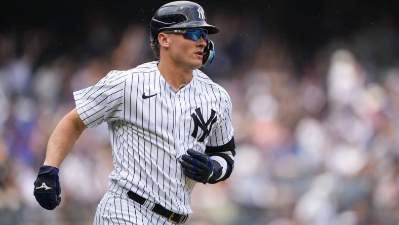 Jul 8, 2023; Bronx, New York, USA; New York Yankees third baseman Josh Donaldson (28) rounds the bases after hitting a home run against the Chicago Cubs during the second inning at Yankee Stadium. Mandatory Credit: Gregory Fisher-USA TODAY Sports