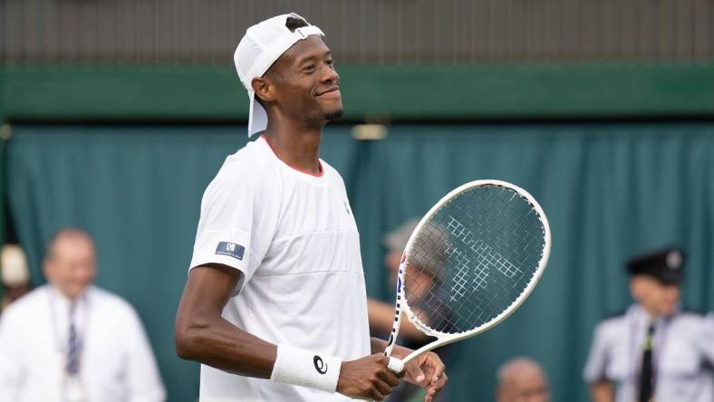 Jul 8, 2023; London, United Kingdom; Christopher Eubanks (USA) celebrates winning his match against Christopher O   Connell (AUS) on day six at the All England Lawn Tennis and Croquet Club.  Mandatory Credit: Susan Mullane-USA TODAY Sports