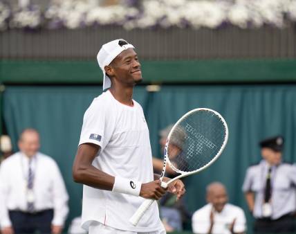 Jul 8, 2023; London, United Kingdom; Christopher Eubanks (USA) celebrates winning his match against Christopher O   Connell (AUS) on day six at the All England Lawn Tennis and Croquet Club.  Mandatory Credit: Susan Mullane-USA TODAY Sports
