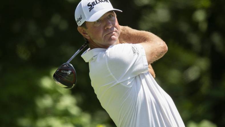 Jul 8, 2023; Silvis, Illinois, USA; Lucas Glover hits his tee shot on the 2nd hole during the third round of the John Deere Classic golf tournament. Mandatory Credit: Marc Lebryk-USA TODAY Sports