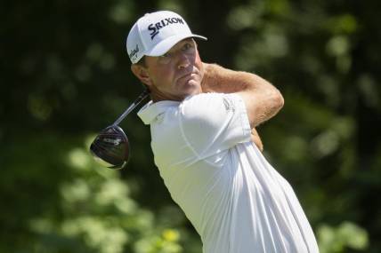 Jul 8, 2023; Silvis, Illinois, USA; Lucas Glover hits his tee shot on the 2nd hole during the third round of the John Deere Classic golf tournament. Mandatory Credit: Marc Lebryk-USA TODAY Sports