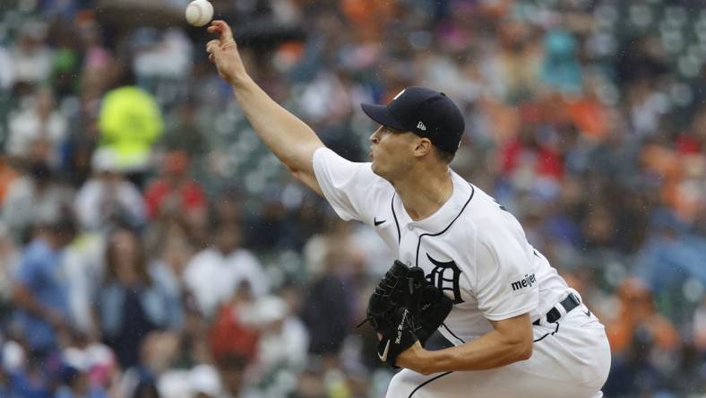 Jul 8, 2023; Detroit, Michigan, USA;  Detroit Tigers starting pitcher Matt Manning (25) pitches in the first inning against the Toronto Blue Jays at Comerica Park. Mandatory Credit: Rick Osentoski-USA TODAY Sports