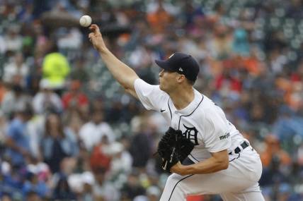 Jul 8, 2023; Detroit, Michigan, USA;  Detroit Tigers starting pitcher Matt Manning (25) pitches in the first inning against the Toronto Blue Jays at Comerica Park. Mandatory Credit: Rick Osentoski-USA TODAY Sports