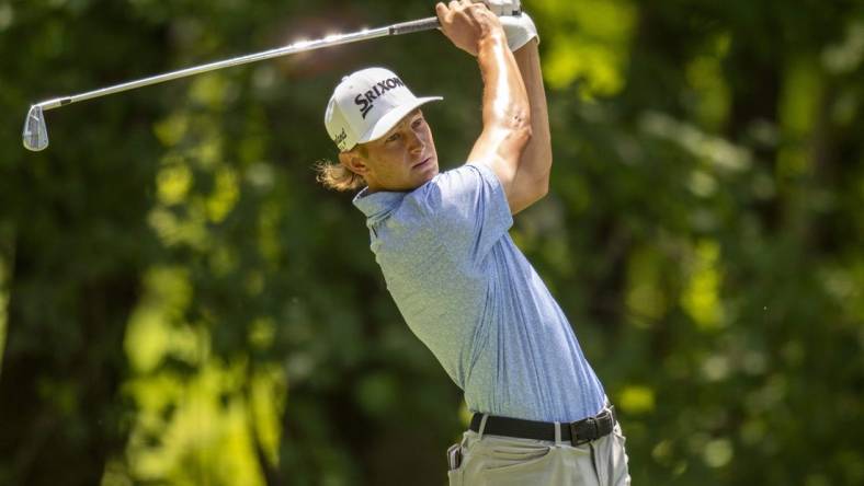 Jul 8, 2023; Silvis, Illinois, USA; Peter Kuest tees off on the 6th hole during the third round of the John Deere Classic golf tournament. Mandatory Credit: Marc Lebryk-USA TODAY Sports