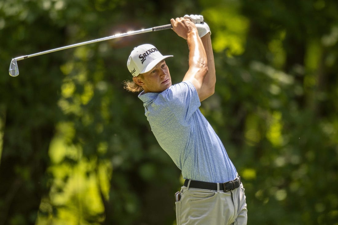Jul 8, 2023; Silvis, Illinois, USA; Peter Kuest tees off on the 6th hole during the third round of the John Deere Classic golf tournament. Mandatory Credit: Marc Lebryk-USA TODAY Sports