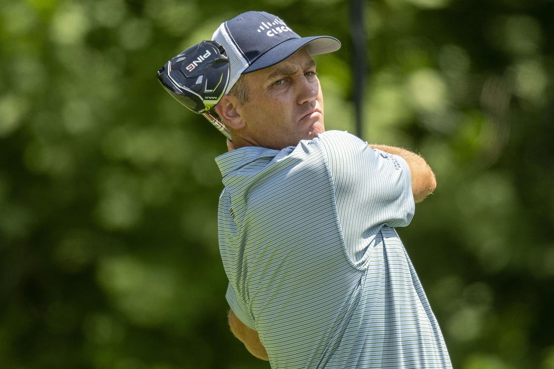 Jul 8, 2023; Silvis, Illinois, USA; Brendon Todd hits his tee shot on the 2nd hole during the third round of the John Deere Classic golf tournament. Mandatory Credit: Marc Lebryk-USA TODAY Sports