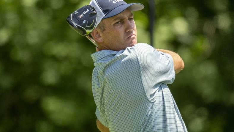 Jul 8, 2023; Silvis, Illinois, USA; Brendon Todd hits his tee shot on the 2nd hole during the third round of the John Deere Classic golf tournament. Mandatory Credit: Marc Lebryk-USA TODAY Sports