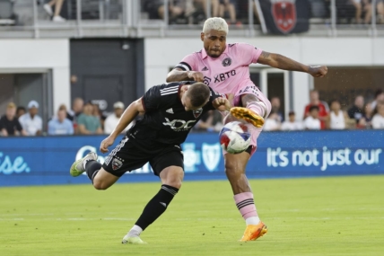 Jul 8, 2023; Washington, District of Columbia, USA; Inter Miami CF forward Josef Mart nez (17) attempts to shoot the ball as D.C. United midfielder Russell Canouse (6) defends in the first half at Audi Field. Mandatory Credit: Geoff Burke-USA TODAY Sports