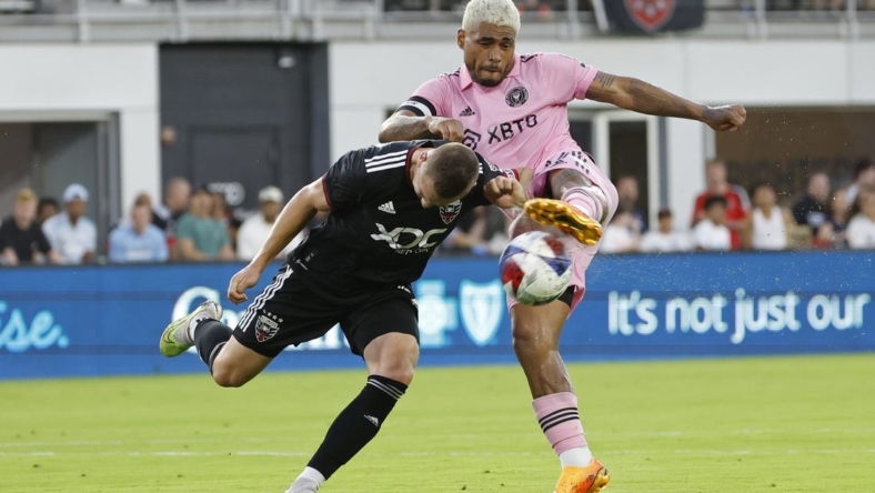 Jul 8, 2023; Washington, District of Columbia, USA; Inter Miami CF forward Josef Mart nez (17) attempts to shoot the ball as D.C. United midfielder Russell Canouse (6) defends in the first half at Audi Field. Mandatory Credit: Geoff Burke-USA TODAY Sports