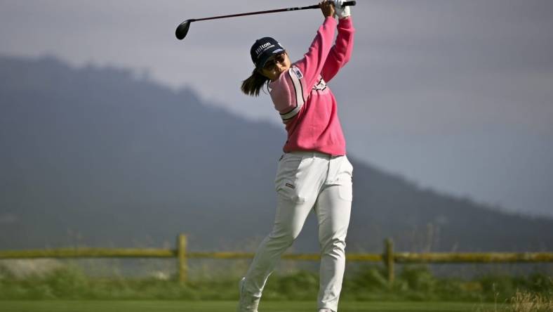 Jul 8, 2023; Pebble Beach, California, USA; Nasa Hataoka tees off on the 18th hole during the third round of the U.S. Women's Open golf tournament at Pebble Beach Golf Links. Mandatory Credit: Kelvin Kuo-USA TODAY Sports