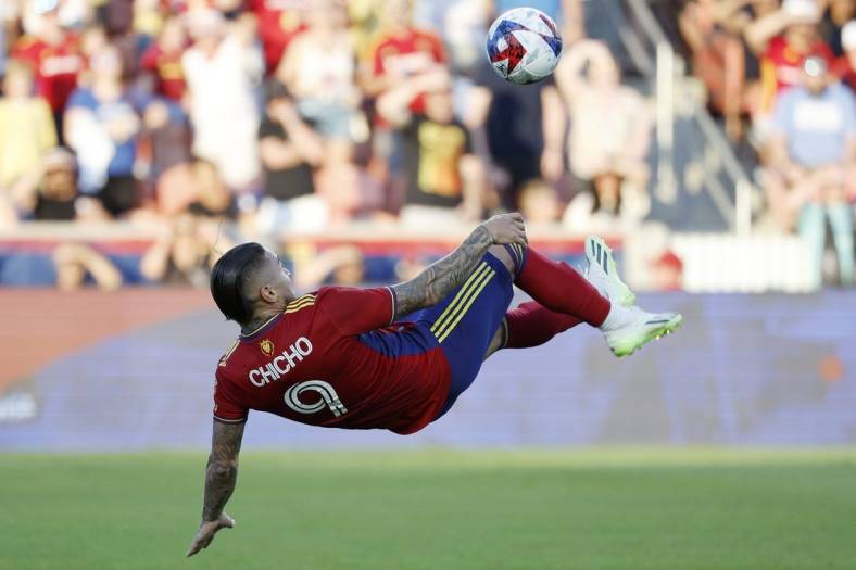 Jul 8, 2023; Sandy, Utah, USA; Real Salt Lake forward Chicho Arango (9) looks to shoot against the Orlando City in the first half at America First Field. Mandatory Credit: Jeff Swinger-USA TODAY Sports