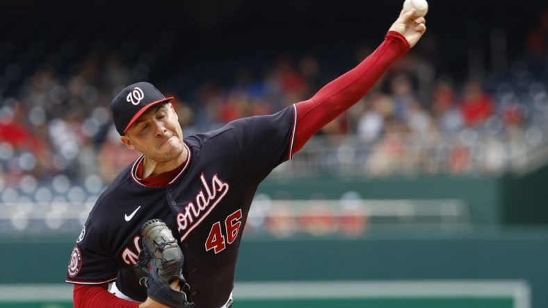 Jul 9, 2023; Washington, District of Columbia, USA; Washington Nationals starting pitcher Patrick Corbin (46) pitches against the Texas Rangers during the first inning at Nationals Park. Mandatory Credit: Geoff Burke-USA TODAY Sports