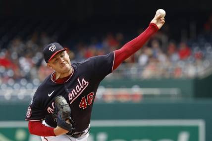 Jul 9, 2023; Washington, District of Columbia, USA; Washington Nationals starting pitcher Patrick Corbin (46) pitches against the Texas Rangers during the first inning at Nationals Park. Mandatory Credit: Geoff Burke-USA TODAY Sports