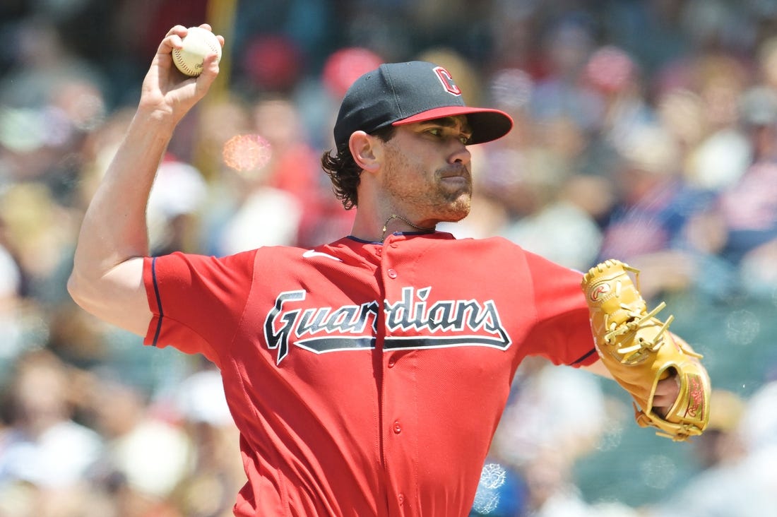 Jul 9, 2023; Cleveland, Ohio, USA; Cleveland Guardians starting pitcher Shane Bieber (57) throws a pitch during the second inning against the Kansas City Royals at Progressive Field. Mandatory Credit: Ken Blaze-USA TODAY Sports