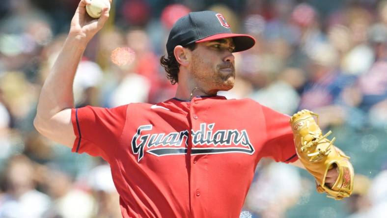 Jul 9, 2023; Cleveland, Ohio, USA; Cleveland Guardians starting pitcher Shane Bieber (57) throws a pitch during the second inning against the Kansas City Royals at Progressive Field. Mandatory Credit: Ken Blaze-USA TODAY Sports