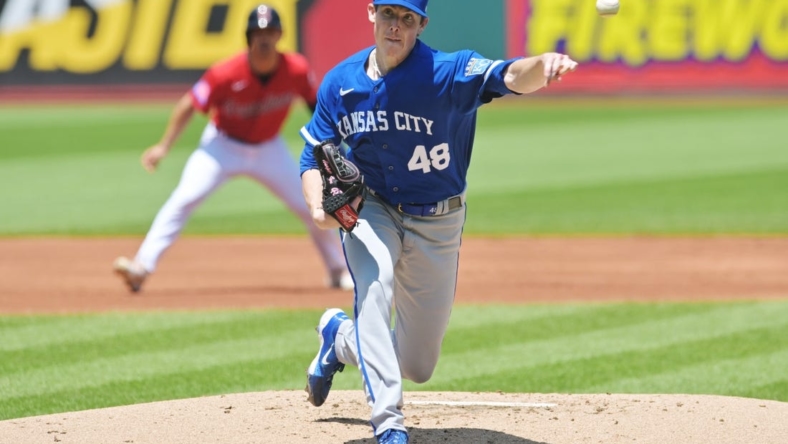 Jul 9, 2023; Cleveland, Ohio, USA; Kansas City Royals pitcher Ryan Yarbrough (48) throws a pitch during the first inning against the Cleveland Guardians at Progressive Field. Mandatory Credit: Ken Blaze-USA TODAY Sports