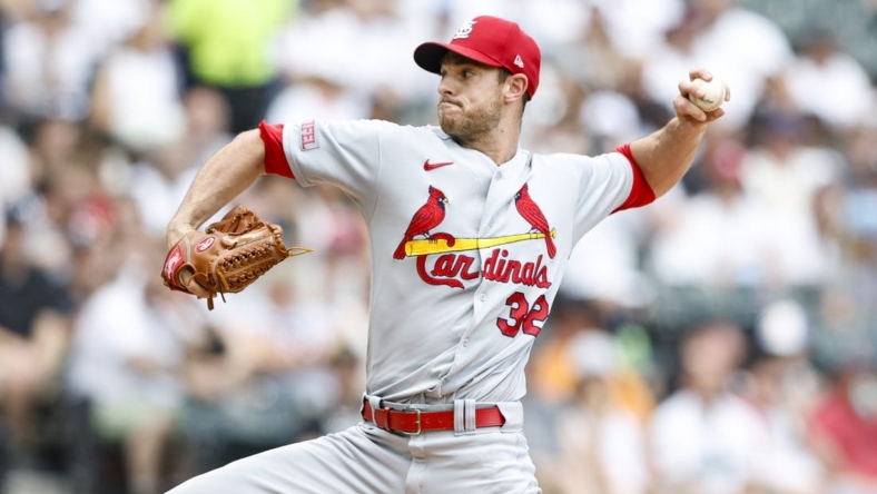 Jul 9, 2023; Chicago, Illinois, USA; St. Louis Cardinals starting pitcher Steven Matz (32) delivers a pitch against the Chicago White Sox during the first inning at Guaranteed Rate Field. Mandatory Credit: Kamil Krzaczynski-USA TODAY Sports