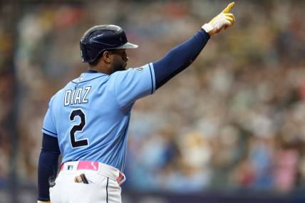 Jul 9, 2023; St. Petersburg, Florida, USA;  Tampa Bay Rays designated hitter Yandy Diaz (2) runs the bases after hitting a two run home run against the Atlanta Braves in the fourth inning at Tropicana Field. Mandatory Credit: Nathan Ray Seebeck-USA TODAY Sports