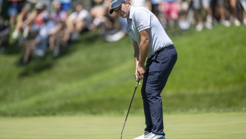 Jul 9, 2023; Silvis, Illinois, USA; Sepp Straka hits a long putt on the 9th hole during the final round of the John Deere Classic golf tournament. Mandatory Credit: Marc Lebryk-USA TODAY Sports