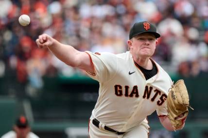 Jul 9, 2023; San Francisco, California, USA; San Francisco Giants pitcher Logan Webb (62) throws a pitch against the Colorado Rockies during the first inning at Oracle Park. Mandatory Credit: Robert Edwards-USA TODAY Sports