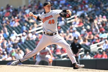 Jul 9, 2023; Minneapolis, Minnesota, USA; Baltimore Orioles starting pitcher Kyle Gibson (48) throws a pitch against the Minnesota Twins during the sixth inning at Target Field. Mandatory Credit: Jeffrey Becker-USA TODAY Sports
