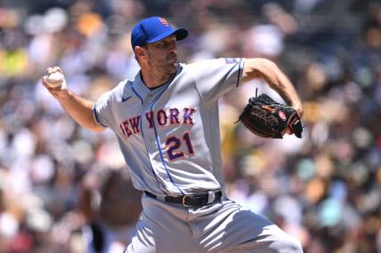 Jul 9, 2023; San Diego, California, USA; New York Mets starting pitcher Max Scherzer (21) throws a pitch against the San Diego Padres during the first inning at Petco Park. Mandatory Credit: Orlando Ramirez-USA TODAY Sports
