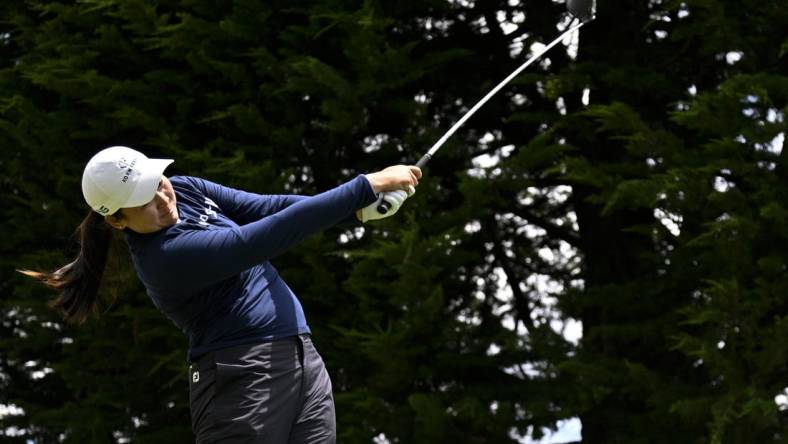 Jul 9, 2023; Pebble Beach, California, USA; Allisen Corpuz tees off on the third hole during the final round of the U.S. Women's Open golf tournament at Pebble Beach Golf Links. Mandatory Credit: Kelvin Kuo-USA TODAY Sports