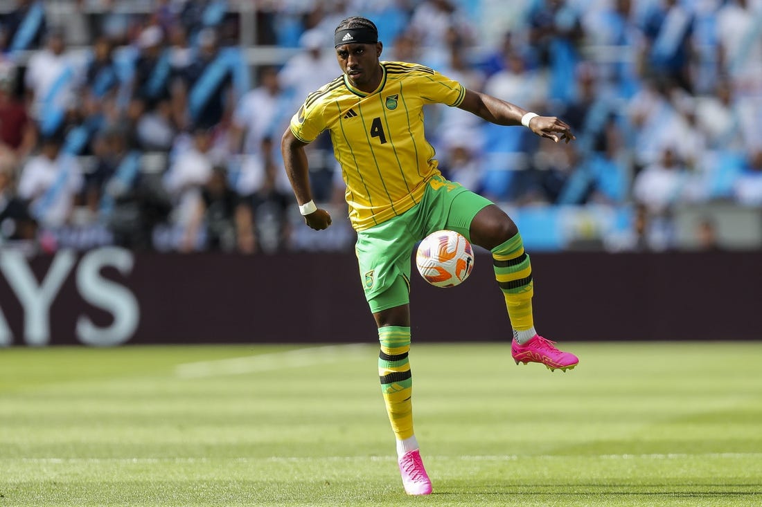 Jul 9, 2023; Cincinnati, Ohio, USA; Jamaica defender Amari'i Bell (4) controls the ball against Guatemala in the first half at TQL Stadium. Mandatory Credit: Katie Stratman-USA TODAY Sports