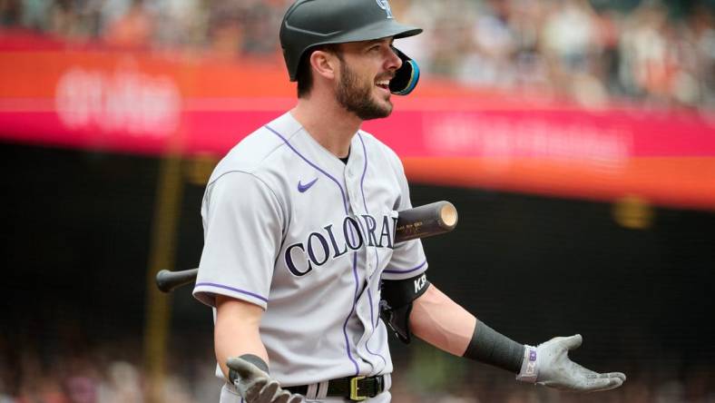 Jul 9, 2023; San Francisco, California, USA; Colorado Rockies outfielder Kris Bryant (23) reacts toward first base umpire Quinn Wolcott (not pictured) after striking out against the San Francisco Giants during the ninth inning at Oracle Park. Mandatory Credit: Robert Edwards-USA TODAY Sports