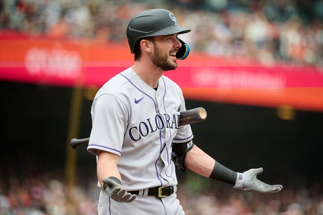 Jul 9, 2023; San Francisco, California, USA; Colorado Rockies outfielder Kris Bryant (23) reacts toward first base umpire Quinn Wolcott (not pictured) after striking out against the San Francisco Giants during the ninth inning at Oracle Park. Mandatory Credit: Robert Edwards-USA TODAY Sports