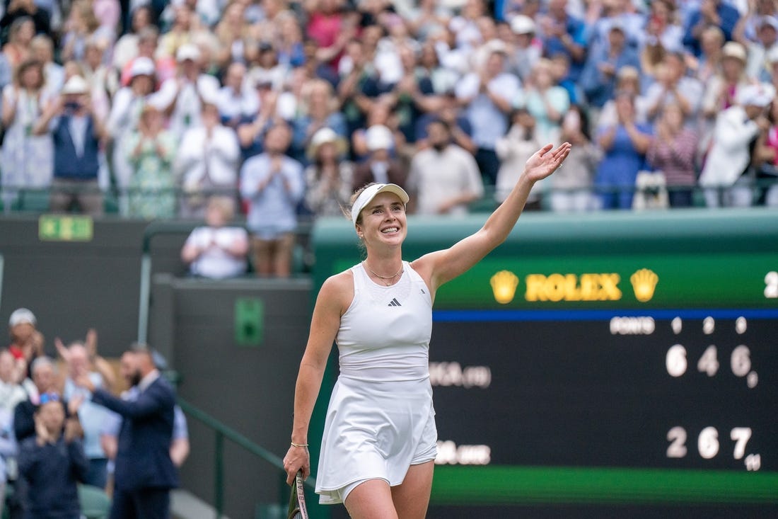 Jul 9, 2023; London, United Kingdom; Elina Svitolina (UKR) celebrates winning her match against Victoria Azarenka on day seven at the All England Lawn Tennis and Croquet Club.  Mandatory Credit: Susan Mullane-USA TODAY Sports