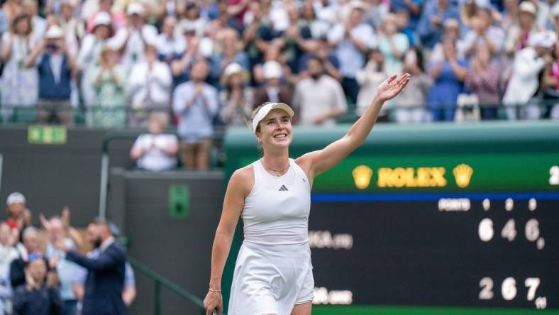 Jul 9, 2023; London, United Kingdom; Elina Svitolina (UKR) celebrates winning her match against Victoria Azarenka on day seven at the All England Lawn Tennis and Croquet Club.  Mandatory Credit: Susan Mullane-USA TODAY Sports